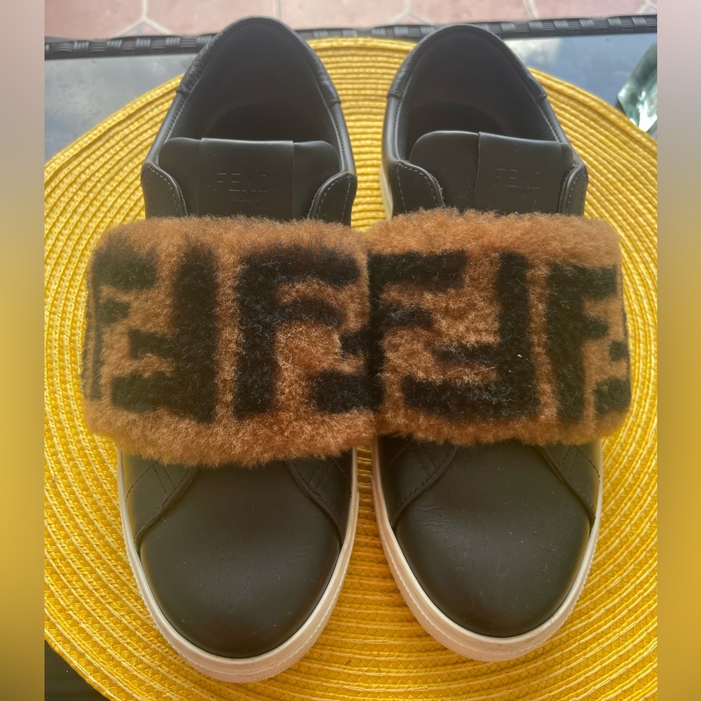 Fendi Black and Brown Fur Strap Sneakers